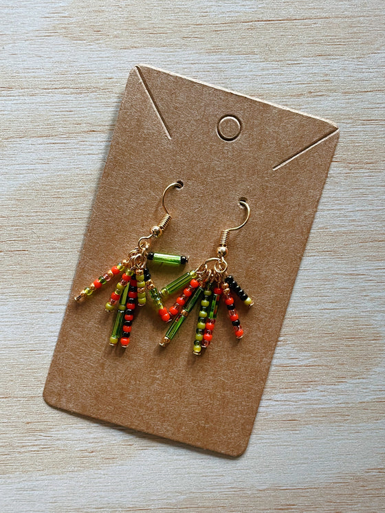 Hand Beaded Earrings - One of a Kind (Black, green, red & gold) The Olive set